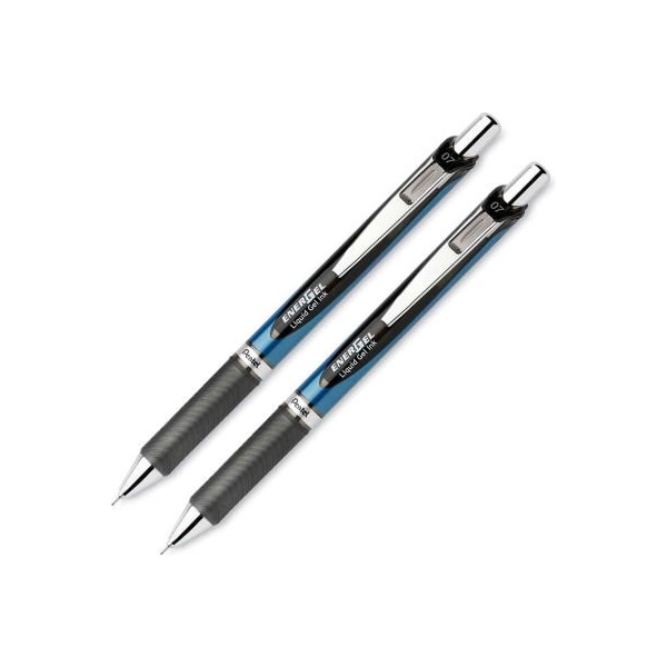 Pentel EnerGel Retractable Gel Pen, Refillable, Metal Tip, 0.7mm, Black Ink, 2/Set